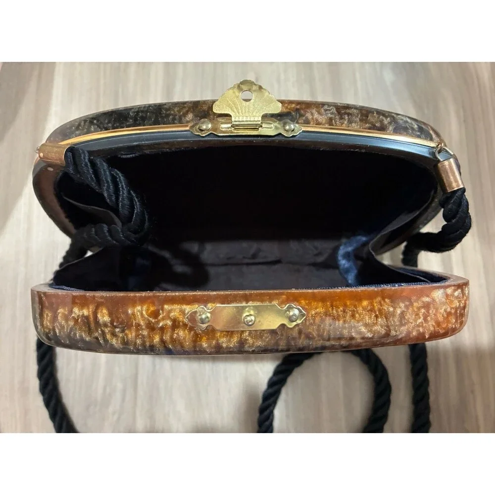 Vintage Lucite Tortoise Shell Cross Body Purse Bag Cord Strap 6.5”x4.5x1.75”